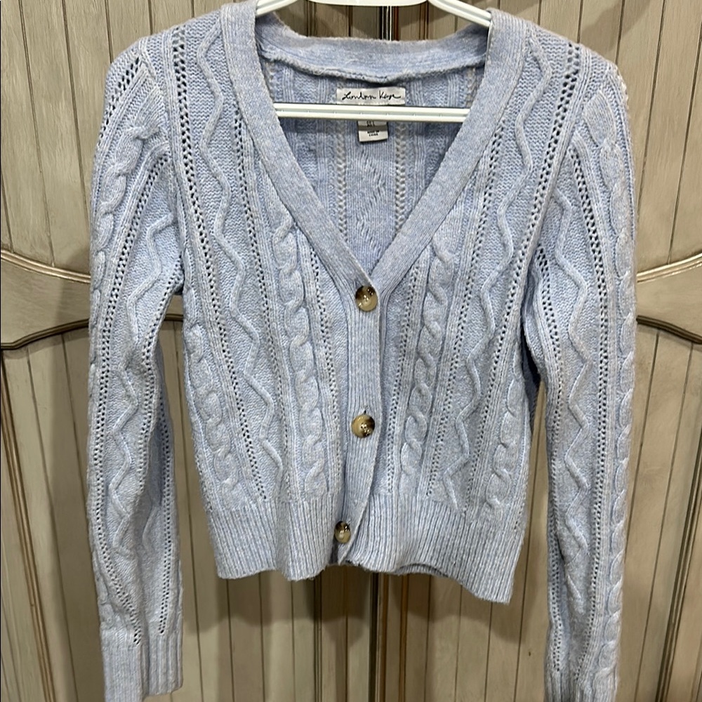 Gray Cable Knit Cardigan Sweater with V-Neck
